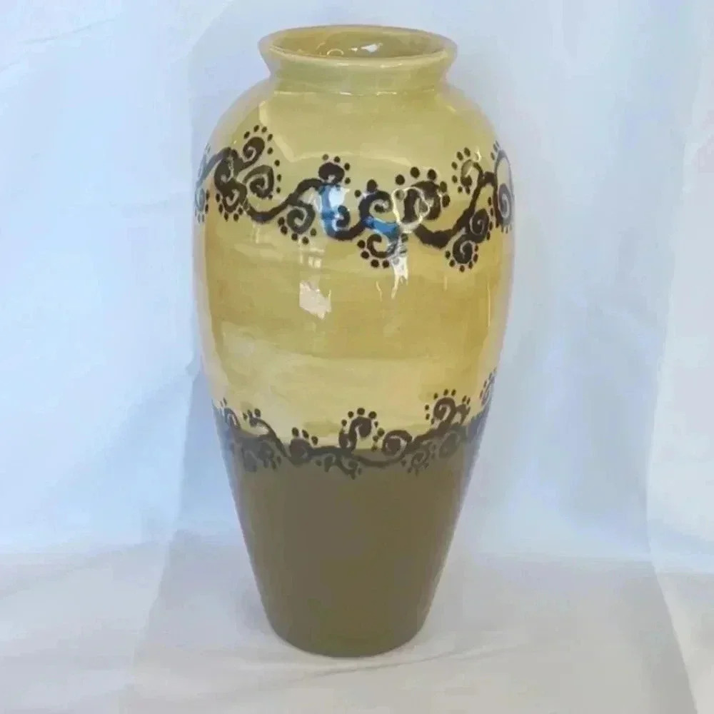 Vintage ceramic glazed hand-painted vase in yellow black and green